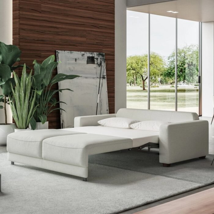 Picture Shows the Sofa bed into bed form image that it is converted to bed and full mechanism is open