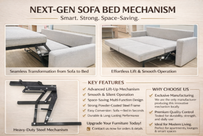 Picture show the next gen sofa bed mechanism with mechansim picture and sofa converting to bed and full bed picture and mention the key features in this picture which is available at maqbool interior
