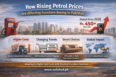 Picture mention the increase in petrol prices and an impact on furniture buying in pakistan so people shift to online buying to save the fuel cost, picture also mention the changing trend and smart choice due to global oil crises 