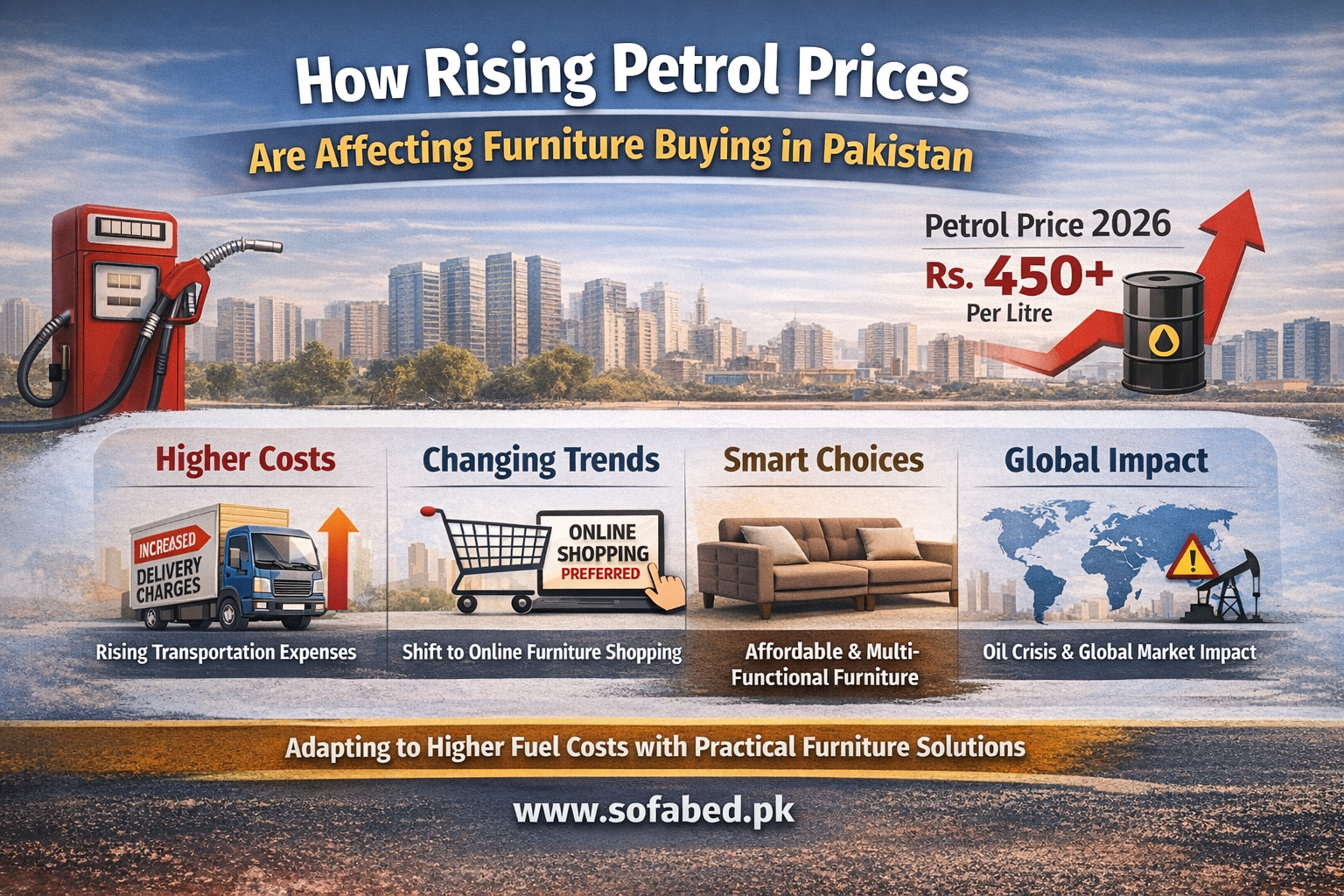 Picture mention the increase in petrol prices and an impact on furniture buying in pakistan so people shift to online buying to save the fuel cost, picture also mention the changing trend and smart choice due to global oil crises