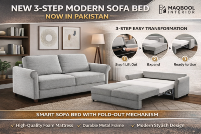 in this images picture show the new sofa bed and it's 3 step easy transformation and it's smart sofa. this picture also shows the new trendy and viral sofa bed mechanism by maqbool interior
